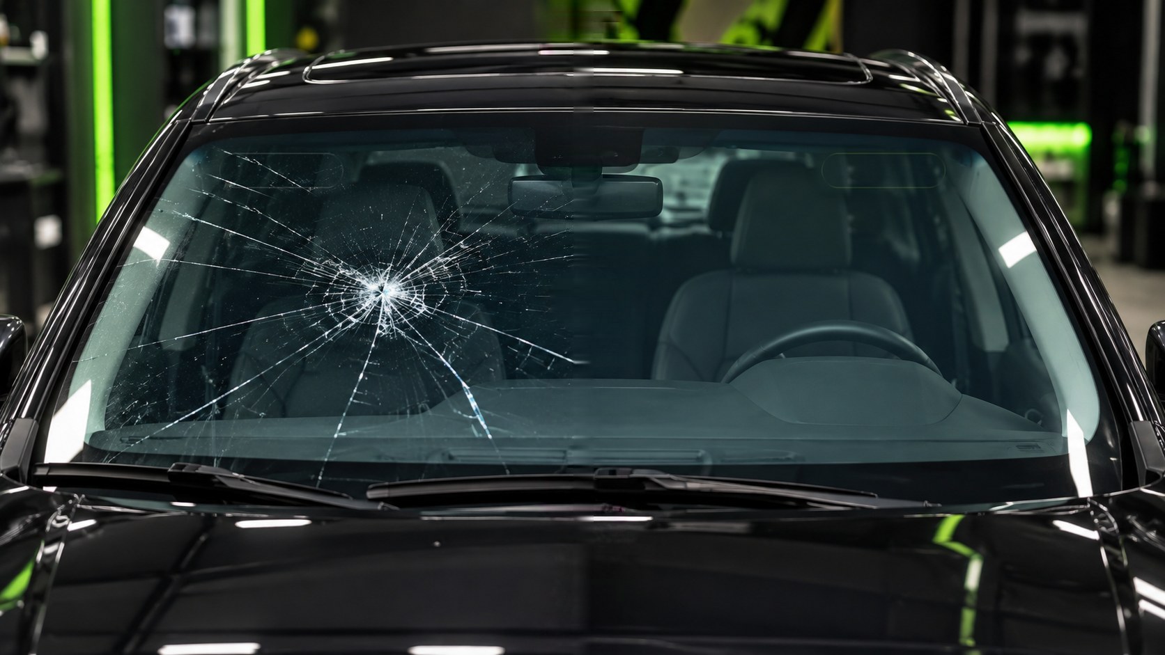 Windshield shown half cracked and half replaced with new glass